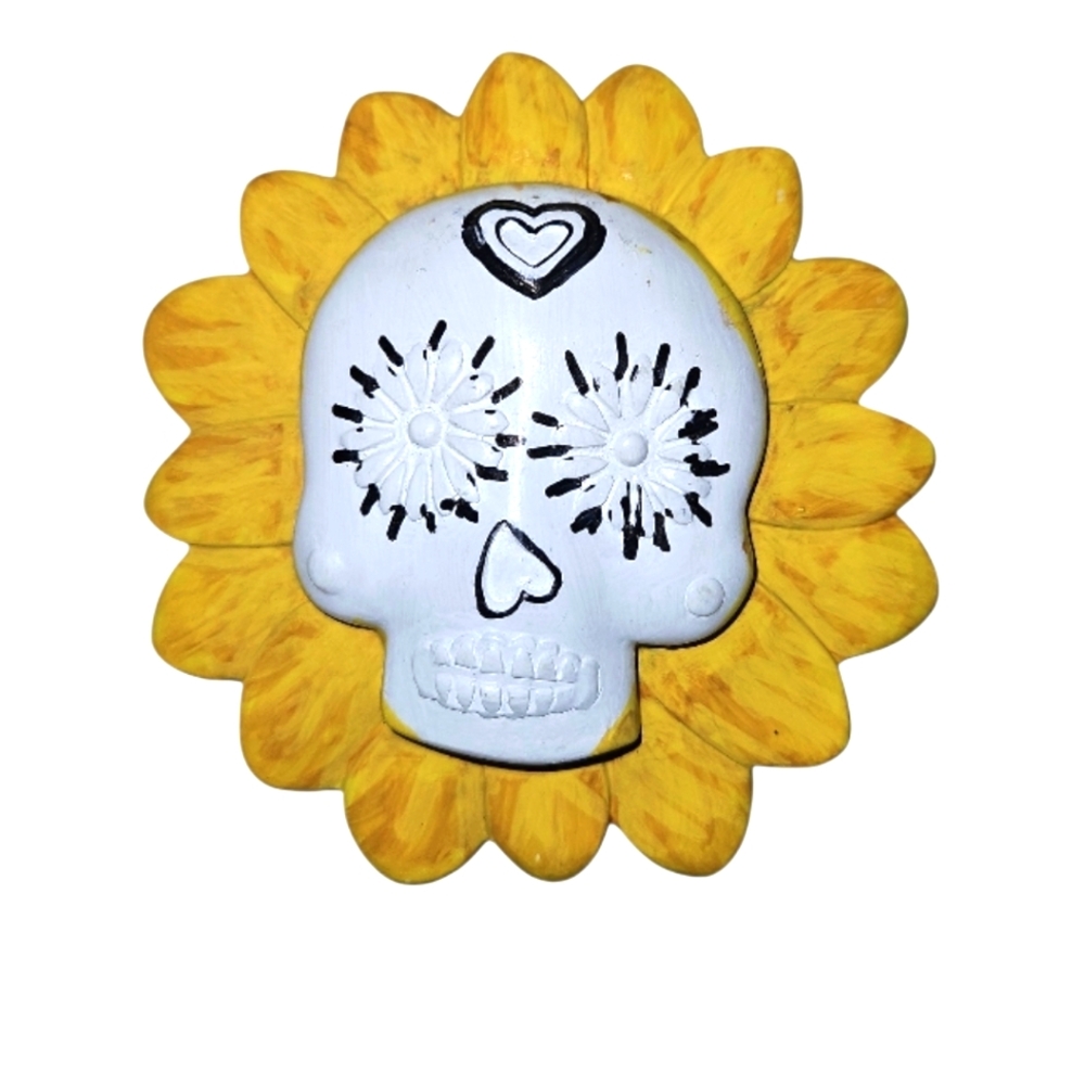 Upcycled Hand Painted Sunflower Skull Wall Art Dia de los Muertos Resin Decor 5"